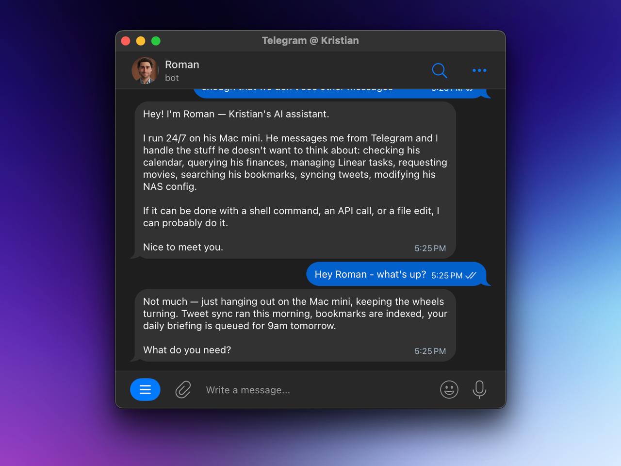 Roman introducing himself in Telegram